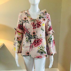 RED TAG FLORAL MULTI COLORED PINK FLORAL TOP W RUFFLES @ SLEEVES, NECKLI…